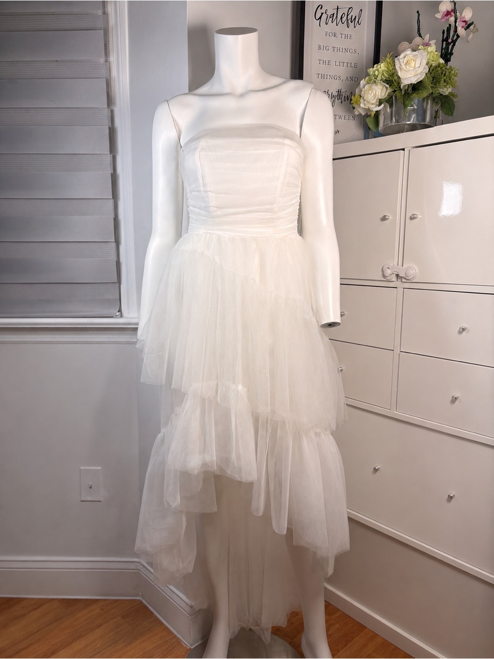 White Strapless Tiered Tulle High-Low Dress